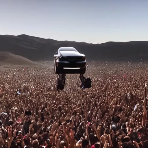 Image similar to kanye west performing a live concert on top of a moving car in the middle of a desert