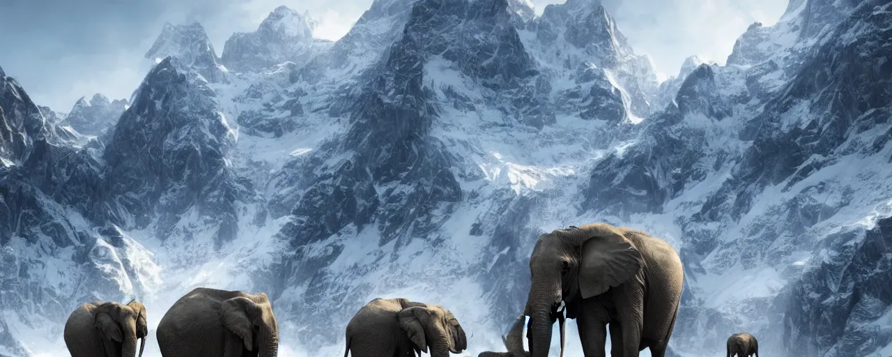 Prompt: Swiss Alps and convoy of Hannibal with elephant, by Greg Rutkowski, ArtStation, CGSociety, Unreal Engine,