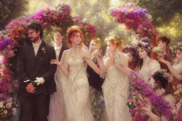 Image similar to the groom look at the bride at a wedding full of flowers, bright and happy, dreamlike art, highly detail, 4 k realistic, wedding photoy krenz cushart, artem demura, yoji shinkawa artgerm, jon lothian, danilo torres. adi meyers. thomas reimann. gaston bussiere.