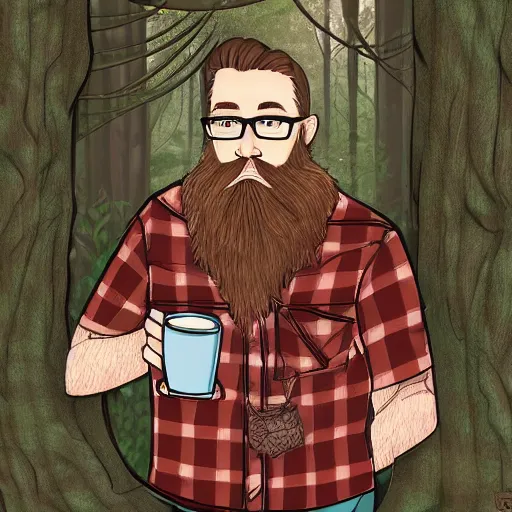 Prompt: 25 year old white man :: glasses : : brown beard : : dressed red plaid shirt : : drinking from a gigantic coffee mug : : forest background : : high detail, digital art, fantasy, RPG, concept art, illustration