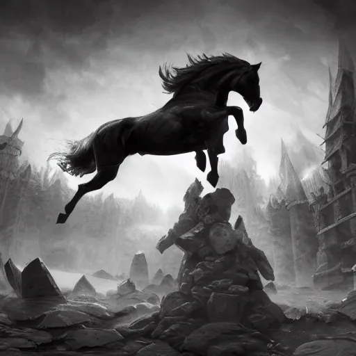 Image similar to a chess piece comes alive, the horse jumps over the wooden chessboard, fantasy art, in the style of greg rutkowski, illustration, epic, fantasy, intricate, hyper detailed, artstation, concept art, smooth, black and white, sharp focus, ray tracing