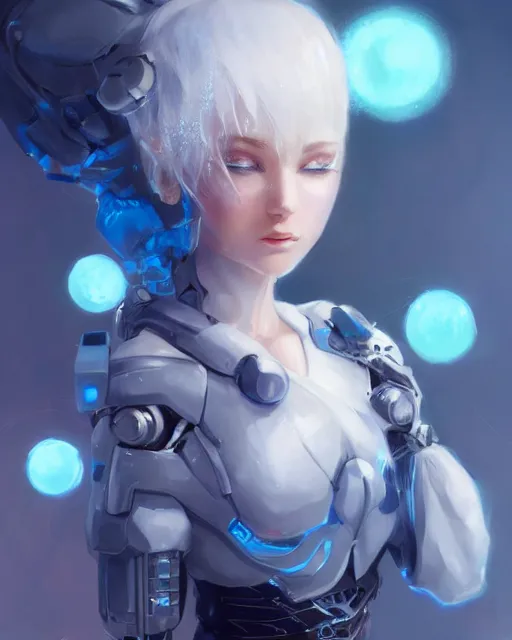 Image similar to cyborg girl with white hair and black skirt, flower decorations, dreamy, beautiful illustration, scifi, atmosphere, top lighting, blue eyes, focused, perfect composition, artstation, highly detailed, art by yuhong ding and chengwei pan and serafleur and ina wong