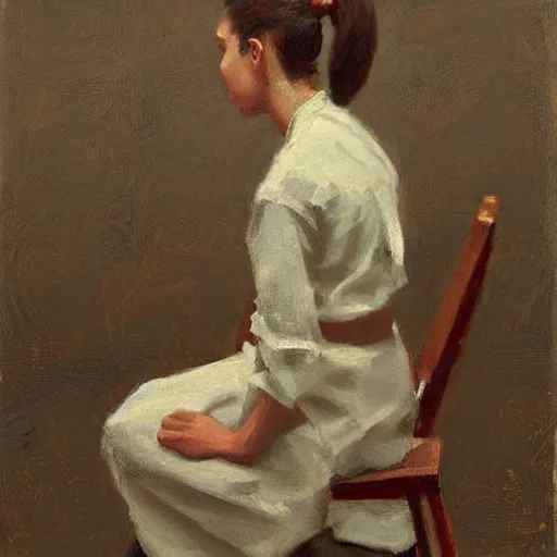 Image similar to woman with ponytail hairstyle, sitting in wooden chair, in the style of jeremy lipking