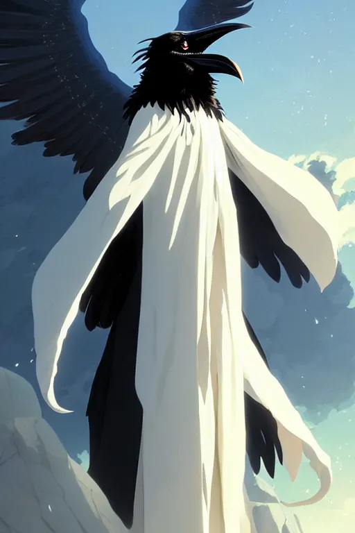 Image similar to raven headed warlock doing magic spells wind, white robes, finely detailed perfect face, exquisite details, mid view, design on a white background, by studio muti, greg rutkowski makoto shinkai takashi takeuchi studio ghibli