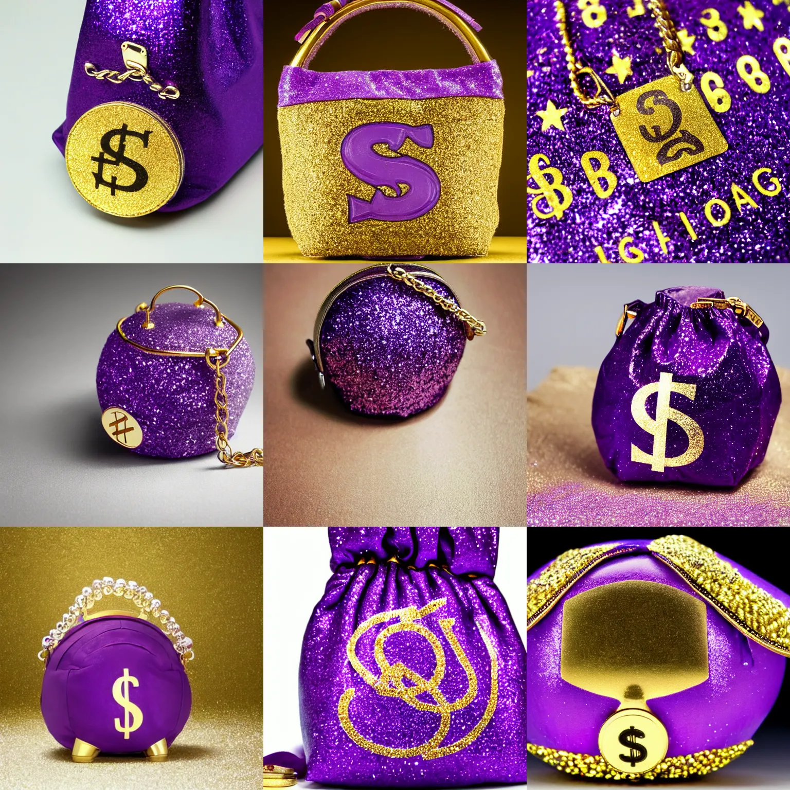 Prompt: a purple glitter moneybag with a gold dollar - sign symbol on it.