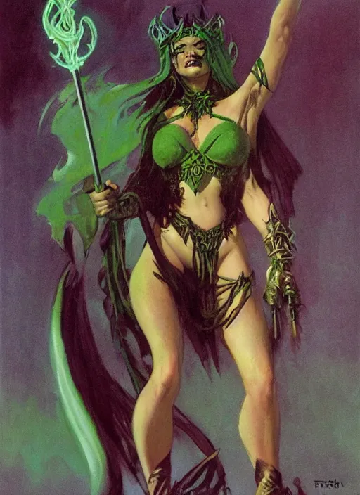 Prompt: mighty female necromancer sorceress, green tiara, strong line, deep color, beautiful! coherent! by frank frazetta, by brom, low angle