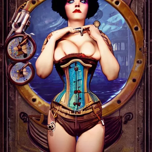 Image similar to lofi underwater bioshock steampunk portrait, wearing corset, Pixar style, by Tristan Eaton Stanley Artgerm and Tom Bagshaw.