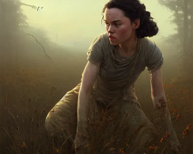 Image similar to highly detailed portrait of daisy ridley, in the walking dead, stephen bliss, unreal engine, fantasy art by greg rutkowski, loish, rhads, ferdinand knab, makoto shinkai and lois van baarle, ilya kuvshinov, rossdraws, tom bagshaw, global illumination, radiant light, detailed and intricate environment