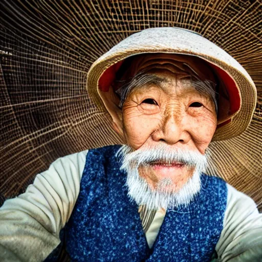 Prompt: Fisheye selfie of an old japanese man with long beard and asian rice hat, closeup