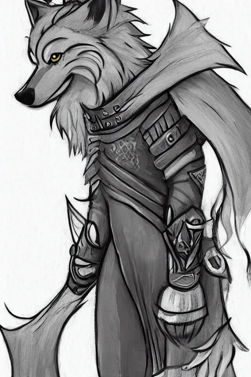 Image similar to a cute medieval anthropomorphic wolf with a fluffy tail, comic art, trending on furaffinity, cartoon, kawaii, backlighting, furry art!!!, cool shading, concept art