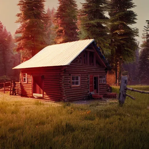 Image similar to a cabin in the woods with farm animals and friendly people, clash royal style characters, unreal engine 5, octane render, detailed, cinematografic, cinema 4 d, artstation trending