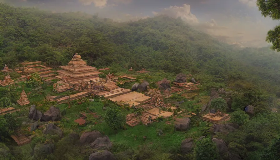 Image similar to matte painting of a beautiful dvaravati village and buddhit temple, digital art, trending on artstation