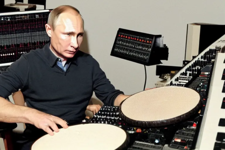 Prompt: Vladimir Putin programming a drum beat on a Roland Tr-909 in his moody music studio