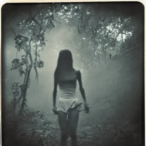 Image similar to an ancient evil-girl devouring the human souls on a mysterious Colombian jungle, mist, 1910 polaroid photography, grainy film, Black and white