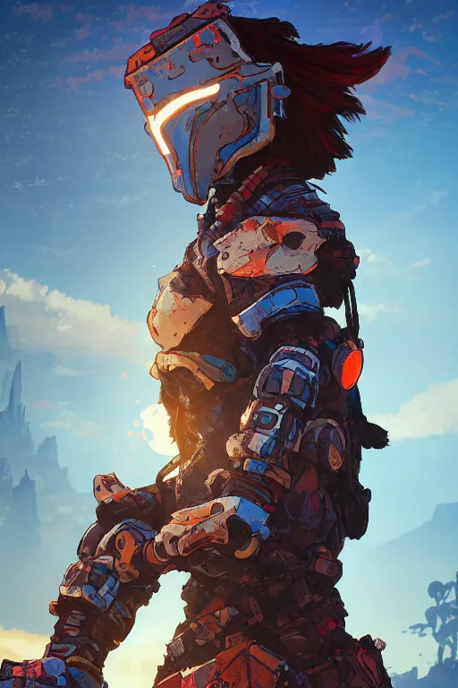 Image similar to combination suit armor aloy horizon forbidden west horizon zero dawn radiating a glowing aura global illumination ray tracing hdr fanart arstation by ian pesty and alena aenami artworks in 4 k tribal robot ninja mask helmet backpack