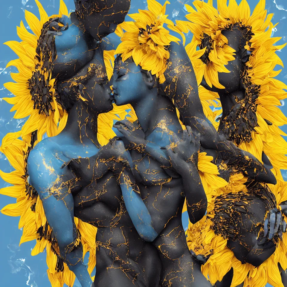 Prompt: universal embrace of love compassion and touch, symmetrical fractured dark obsidian greek statue of a beautiful couple, yellow gemstones, ice sunflowers, lightblue acrylic paintdrip tar, mangeta smoke red light, repaired with kintsugi, glitches, rendered in octane trending on cgsociety. extremely detailed and intricate art, corruption, sleek, kisses and hugs