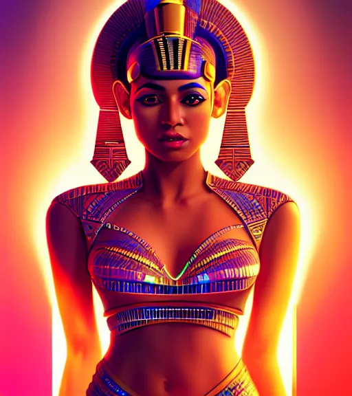 Image similar to symmetry!! egyptian princess of technology, solid cube of light, hard edges, product render retro - futuristic poster scifi, lasers and neon circuits, brown skin gorgeous egyptian princess, intricate, elegant, highly detailed, digital painting, artstation, concept art, smooth, sharp focus, illustration, dreamlike, art by artgerm