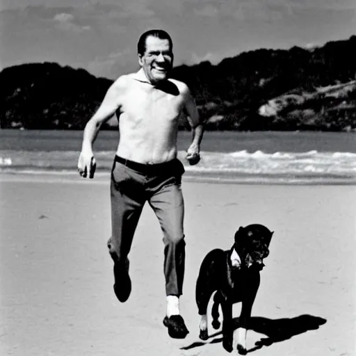 Prompt: Richard Nixon running with his dog on the beach