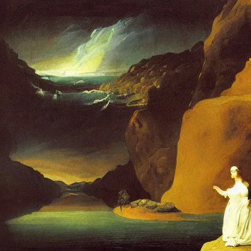 Image similar to goya the colossus painting, hudson river school, princess in foreground, large scale