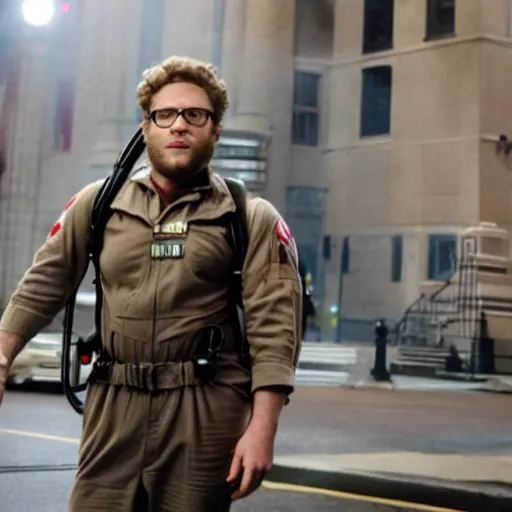 Image similar to awe inspiring Seth Rogen playing a Ghostbuster in a still from the movie Ghostbusters 8k hdr