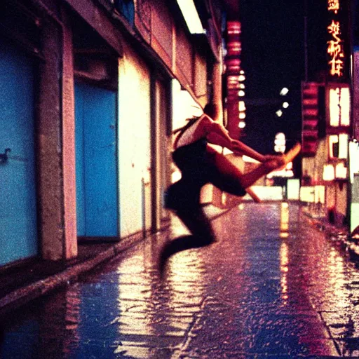 Image similar to 1990s perfect 8K HD professional cinematic photo of close-up japanese schoolgirl jumping in dystopian alleyway with neon signs, at evening during rain, at instagram, Behance, Adobe Lightroom, with instagram filters, depth of field, taken with polaroid kodak portra