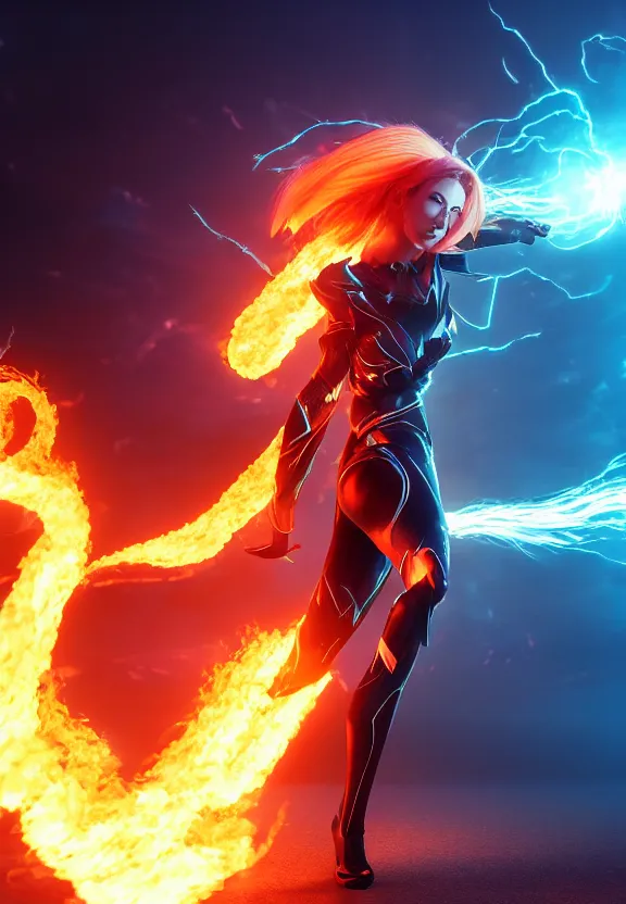 Image similar to vfx, octane render, zbrush, beautiful woman wearing spandex armour with flowing fire hair and glowing eyes, super hero full body action pose casting a fireball in space, volumetric lightning, highly detailed, UE5 render, art station, center of picture.