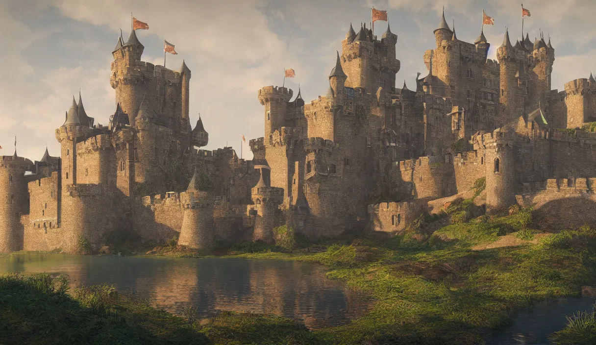 Image similar to a beautiful painting of a castle surrounded by a moat, cinematic angle, studio lighting, movie concept, trending on artstation, octane render, 8 k, ultra high detail