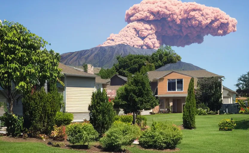 Image similar to suburban house and yard with small volcano erupting in the yard