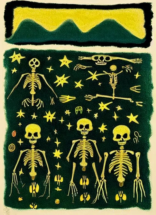 Image similar to wonky alien skeleton cook with knives in a dark green cloudy night sky with golden foil stars, occult symbols and tears, mountain lake and blossoming field in background, painted by mark rothko, helen frankenthaler, danny fox and hilma af klint, very pixelated, naive, expressionism