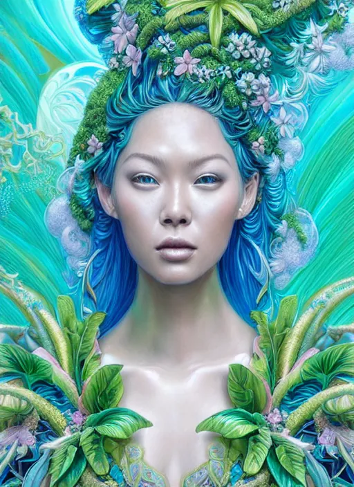 Image similar to porttait of a beautiful celestial Hawaiian pearlescent lush garden Goddess wearing a futuristic lush luxurious suit exposed in cryo chambers by James Jean, royal green and oceanic blue theme, intricate, elegant, highly detailed, centered, digital painting, lush hawaiian landscape, sakura season, Kauai inspired, artstation, concept art, smooth, sharp focus, illustration, by Peter Mohrbacher, WLOP