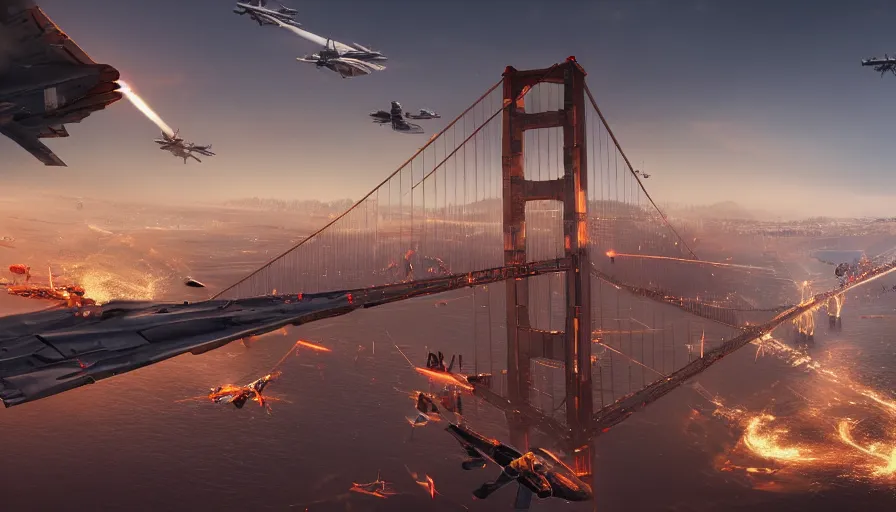 Prompt: Movie scene of fighter jets firing at damaged Golden Bridge with people and vehicles on it, hyperdetailed, artstation, cgsociety, 8k