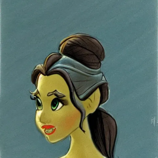 Image similar to milt kahl sketch of vanessa hudgeons with done up hair, tendrils covering face and ponytail as princess padme from star wars episode 3