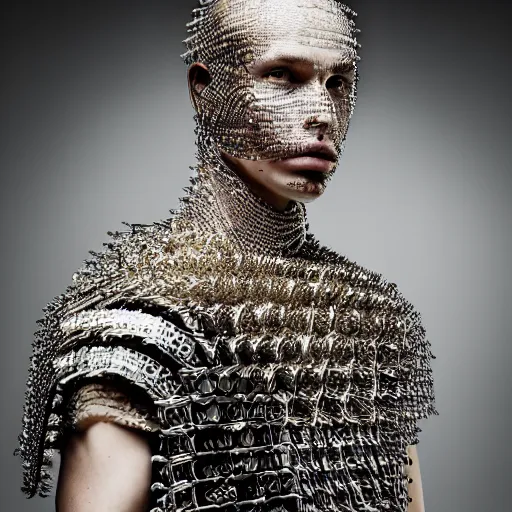 Image similar to a portrait of a beautiful young male wearing an alexander mcqueen armor made of circuits, photographed by andrew thomas huang, artistic