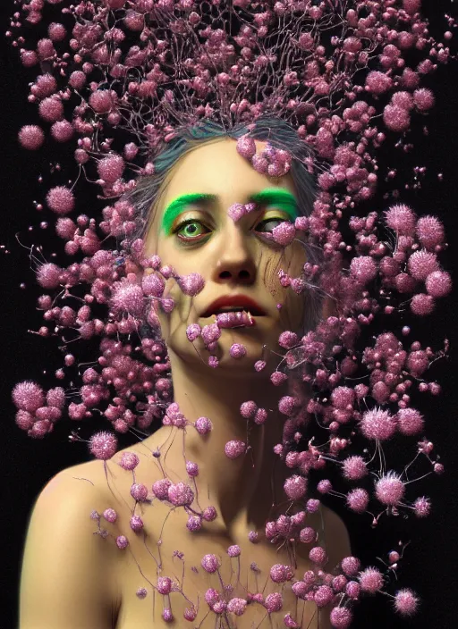 Image similar to hyper detailed 3d render like a Oil painting - Aurora (Singer) Eats of the Strangling Fruit and Her delicate Hands full of gossamer polyp blossoms bring iridescent fungal flowers whose spores black the foolish stars by Jacek Yerka, Mariusz Lewandowski, Houdini algorithmic generative render, Abstract brush strokes, Masterpiece, Edward Hopper and James Gilleard, Zdzislaw Beksinski, Mark Ryden, Wolfgang Lettl, hints of Yayoi Kasuma, octane render, 8k