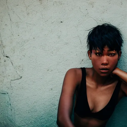 Image similar to portrait face of a beautiful gorgeous black edgy model girl with short hair, bikini, she's sad, sunset, street of hong kong, 8 0 mm lens, 1. 2 aperture, grainy image, close up, cinematic light, 8 k, 4 k, very detailed, depressing atmosphere, cover magazine