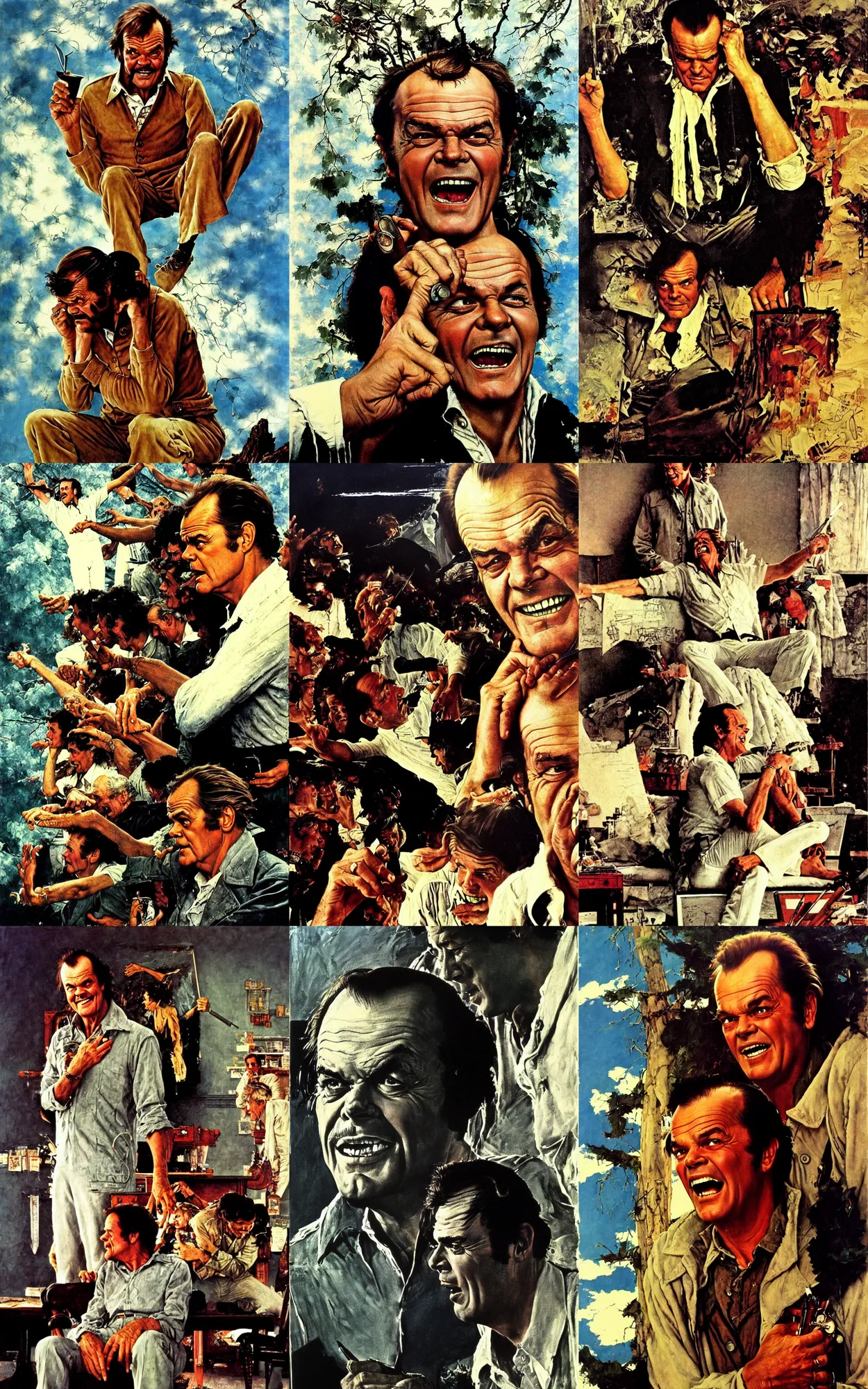 Prompt: jack nicholson in one flew over the cookoos nest, painting by norman rockwell, caspar friedrich and albert bierstadt and james gurney, seventies cinestill, atmospheric, clinical, depressed, manic, bipolar