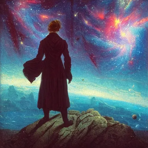 Prompt: a futuristic wanderer gazing into a universe full of mystical colorful light nebulae and galaxies in the style artstyle of caspar david friedrich, mythic color scheme