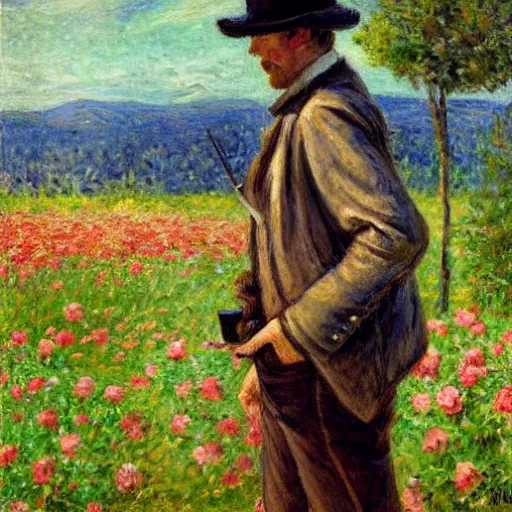 Image similar to an impressionist painting of a tall man with blue eyes that is wearing a wide brim hat and a leather vest. He is holding a revolver in his left hand and a rose is in his right hand. He is standing in a field of roses.