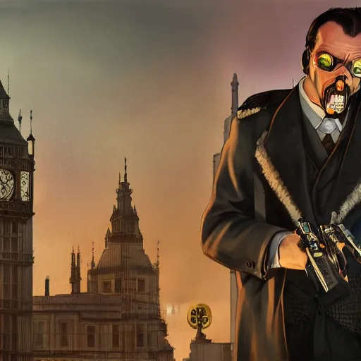 Image similar to [UHD Professor Moriarty as a GTA villain on on a London rooftop in futuristic steampunk London, correct faces, intricate, elegant, graphic detail, digital painting, trending on artstation, concept art, tonalism, sharp focus, illustration, art by Annie Leibowitz and Greg Rutkowski and Alphonse Mucha]