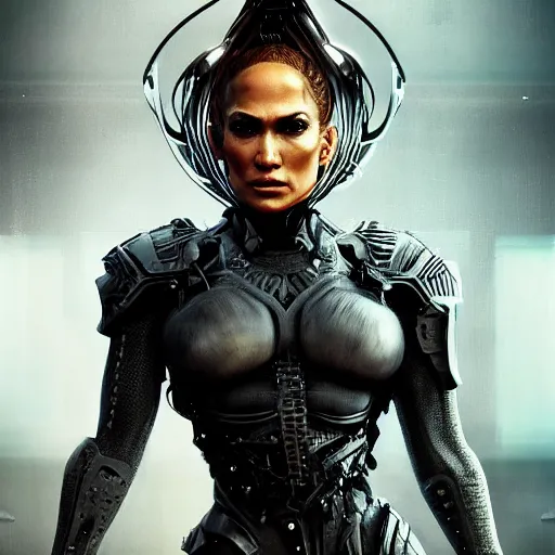 Image similar to jennifer lopez portrait, dystopia core, apocalyptic, armor, warrior, dramatic, sharp focus, fiction, neon, fantasy, hyper detailed, digital art, trending in artstation, cinematic lighting, studio quality, smooth render, unreal engine 5 rendered, octane rendered, art style and nixeu and wlop and krenz cushart