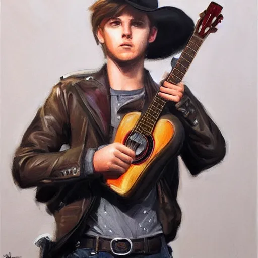 Prompt: modern oil portrait of young charming gunslinger jack, holding a pistol and a guitar, very very very very very beautiful art, masterpiece, realistic and detailed, artstation, artificial lightning
