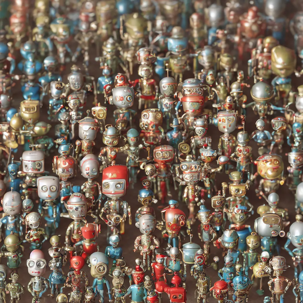 Image similar to closeup portrait of tin toy soldiers retro living room of robot family, depth of field, zeiss lens, detailed, centered, fashion photoshoot, by nicoletta ceccoli, mark ryden, lostfish, breathtaking, 8 k resolution, extremely detailed, beautiful, establishing shot, artistic, hyperrealistic, octane render, - h 8 0 4