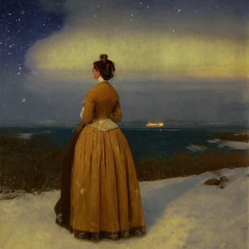 Image similar to victorian lady adventurer seeing the polar lights, by alfred stevens