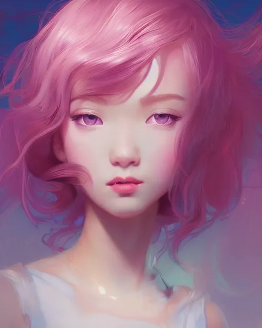Image similar to beautiful girl pink blob hair, cute, intricate, highly detailed, digital painting, trending on artstation, concept art, smooth, sharp focus, backlit, rim light, vivid colors, illustration, unreal engine 5, 8 k, art by rossdraws and alphonse mucha