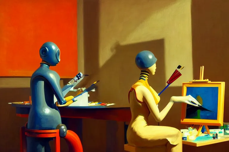 Prompt: beautiful illustration of a robot artist painting an artwork on a canvas with a paintbrush by Edward Hopper, colorful octane render