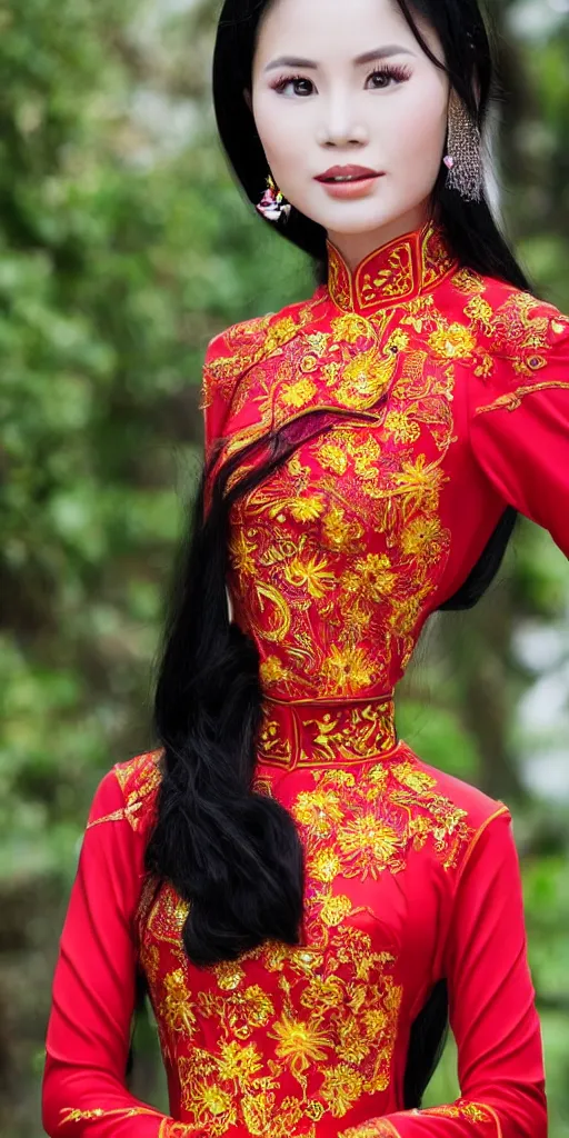 Image similar to beautiful vietnamese woman wearing vietnamese ao dai, intricate, detailed, symmetric face