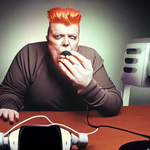 Prompt: obese David Bowie wearing a headset yelling at his monitor while playing WoW highly detailed wide angle lens 10:9 aspect ration award winning photography by David Lynch esoteric erasure head