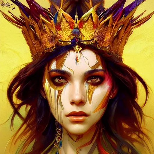 Image similar to colorful bird golden eyebrows, golden crown, dark, rusty, fantasy forest, highly detailed, realistic, artstation, concept art, smooth, sharp focus, illustration, art by artgerm and greg rutkowski and alphonse mucha