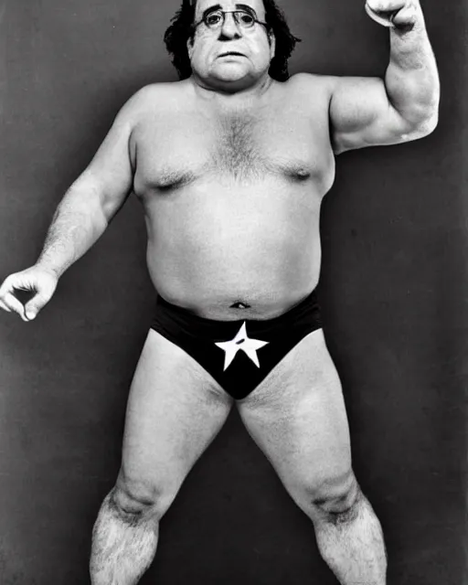 Prompt: portrait of danny devito as a professional wrestler. photographic, photography