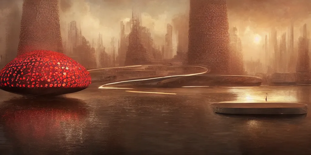 Prompt: An epic architectural rendering of a blob shaped trypophobia house with a mysterious red glow emitting from inside in a modern cityscape next to a river, by Zaha Hadid and Martin Johnson Heade and Greg Rutkowski, stunning, gorgeous, golden ratio, photorealistic, featured on artstation, 4k resolution